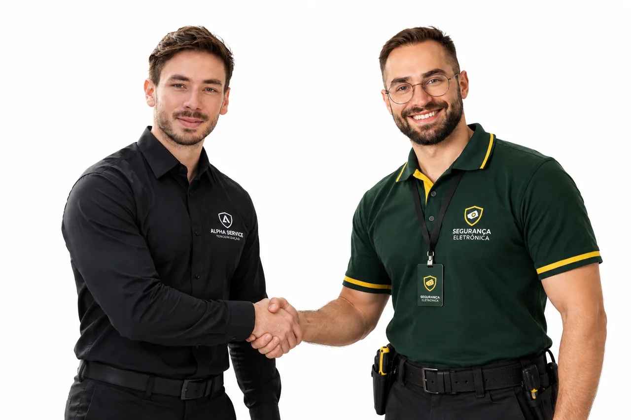 Representante da Alpha Service e um técnico de uma empresa de segurança eletrônica apertando as mãos