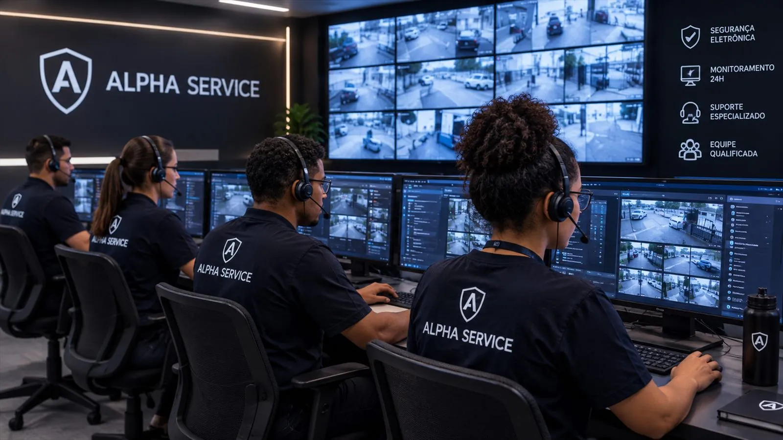 Operadores da Alpha Service com headsets acompanhando as câmeras da central durante o turno