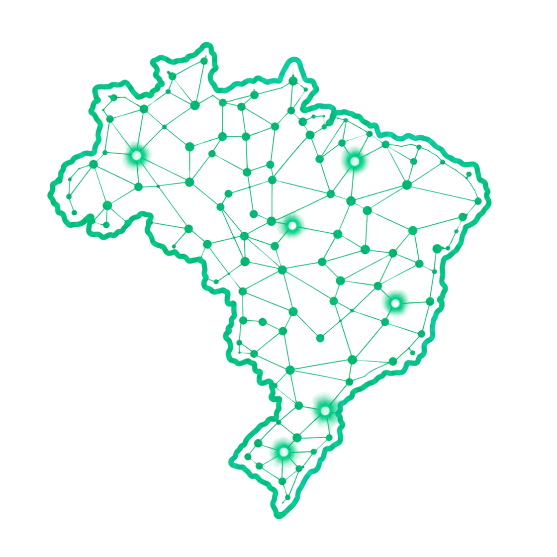Mapa do Brasil com pontos conectados, representando os clientes atendidos pela central da Alpha Service em todo o país