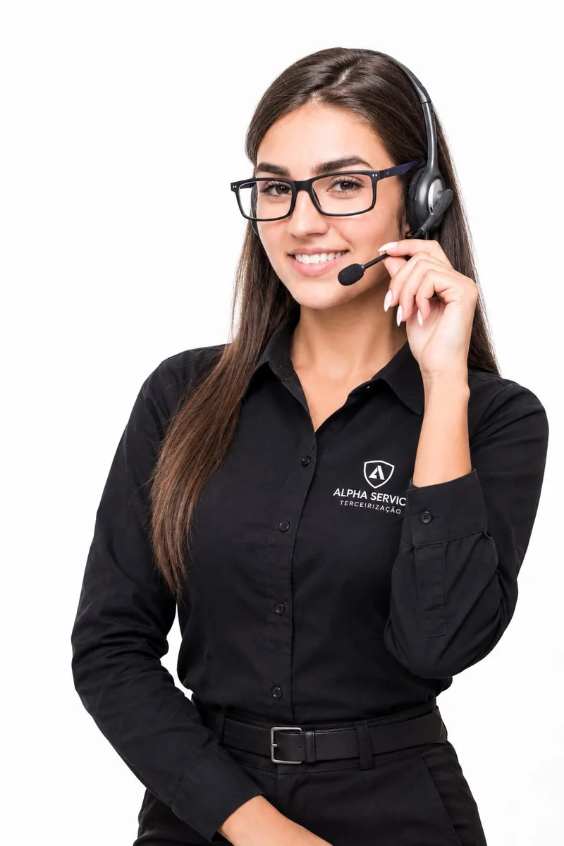 Operadora da central da Alpha Service, de camisa preta com o logo da empresa e headset, sorrindo